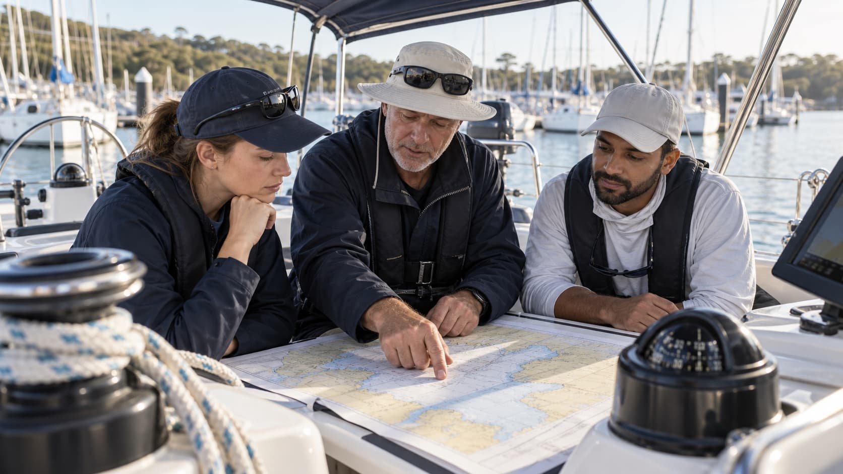 Sailing instructor and adult students studying a nautical chart aboard a training yacht in an Australian marina