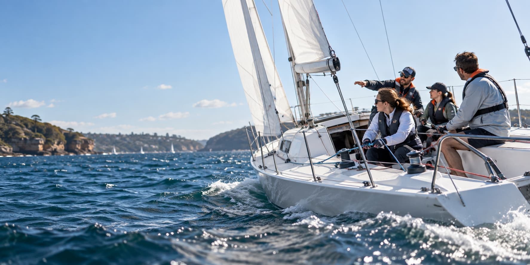 Adult students learning to sail a keelboat on an Australian harbour